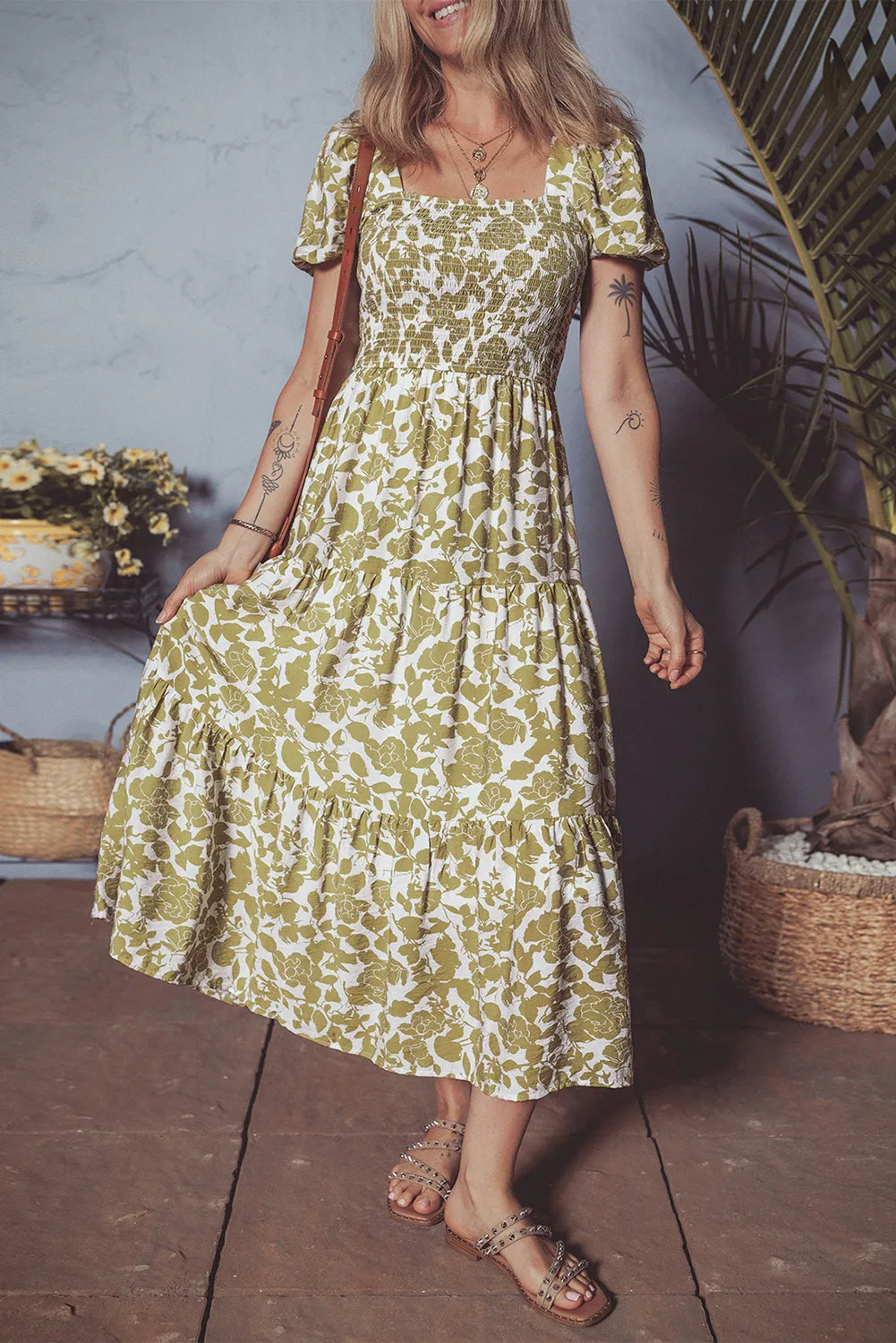 Floral Square Neck Smocked Bust Puff Sleeve Tiered Maxi Dress sold by Beagle Boutique