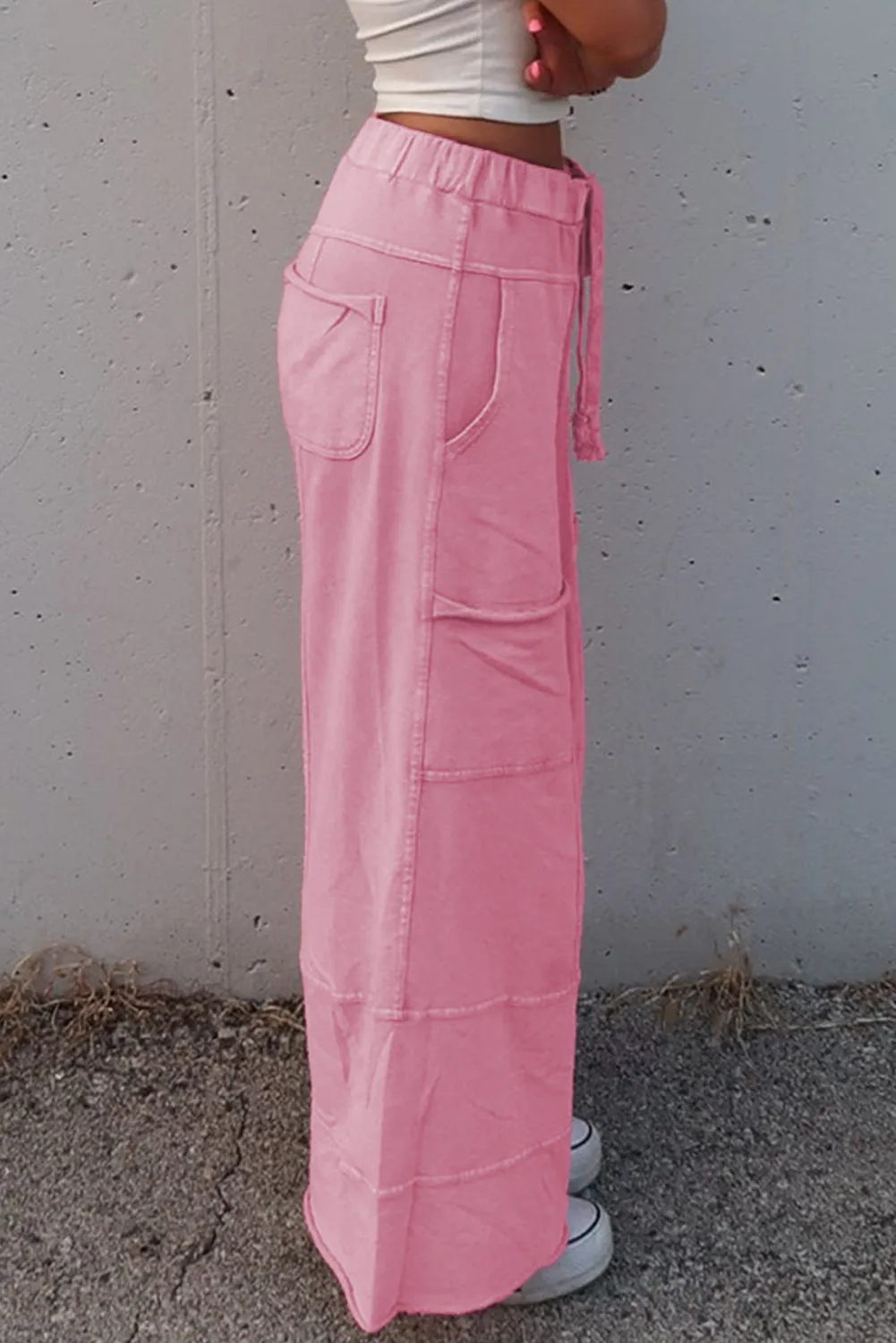 Mineral Wash Exposed Seam Drawstring High Waist Wide Leg Cargo Trousers sold by Beagle Boutique product image thumbnail 4