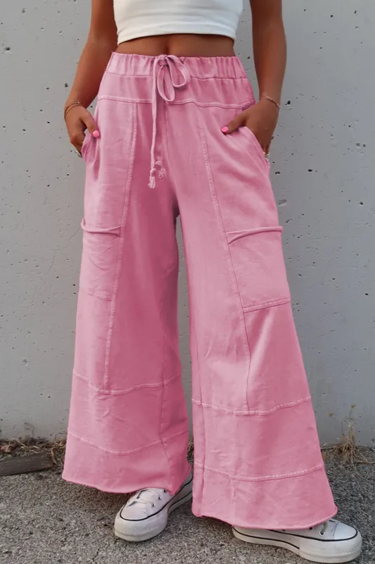 Mineral Wash Exposed Seam Drawstring High Waist Wide Leg Cargo Trousers sold by Beagle Boutique