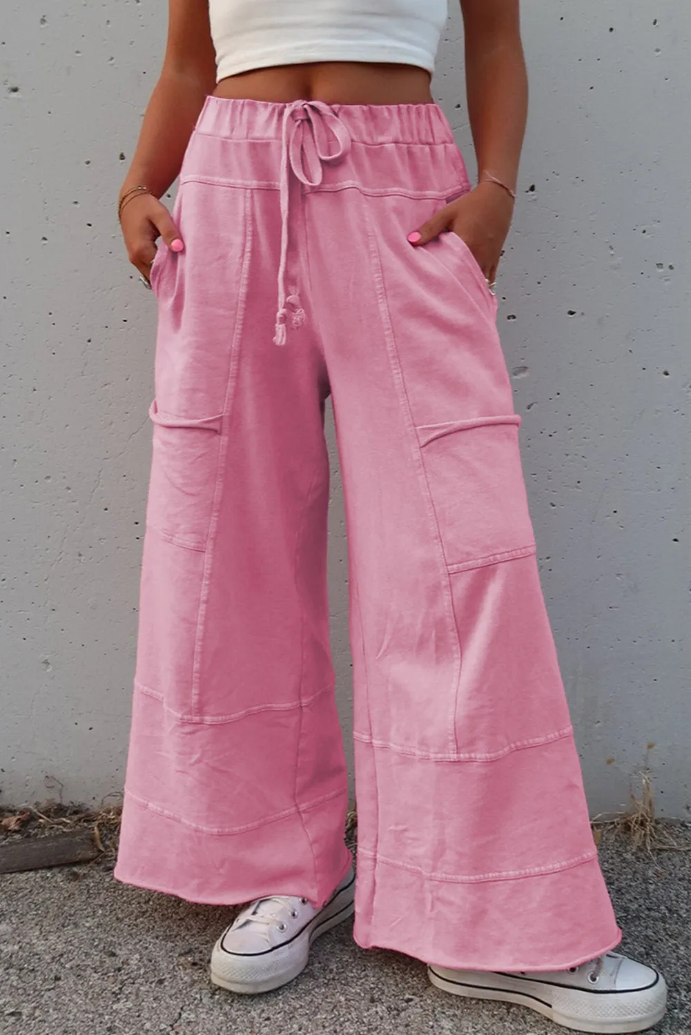 Mineral Wash Exposed Seam Drawstring High Waist Wide Leg Cargo Trousers sold by Beagle Boutique