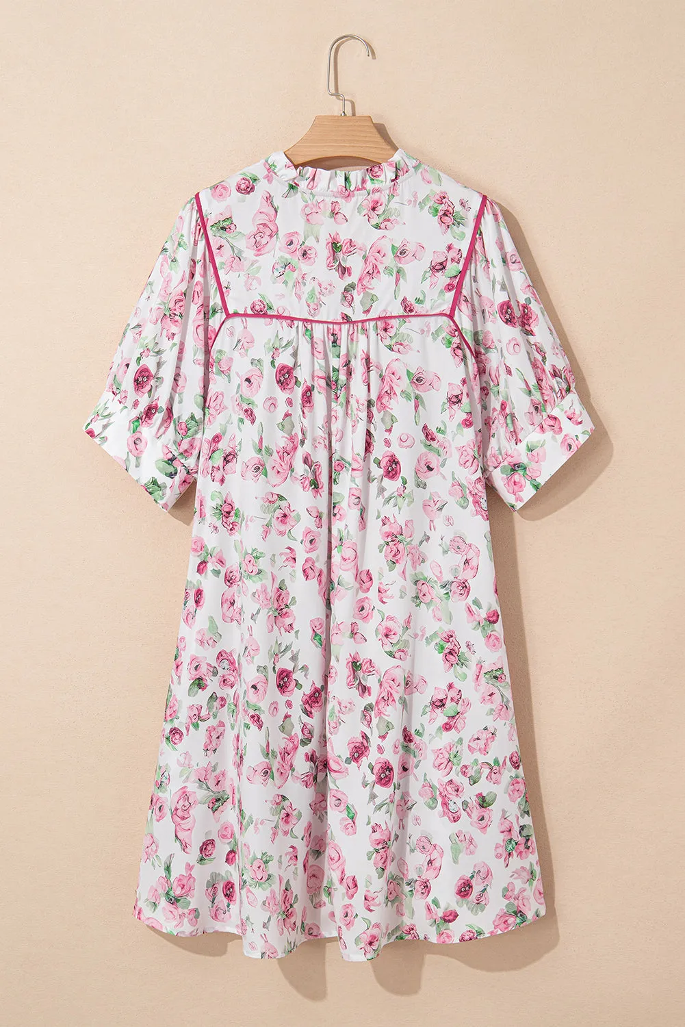 Pink Floral Split Neck Short Sleeve Loose Plus Size Mini Dress sold by Beagle Boutique product image thumbnail 4