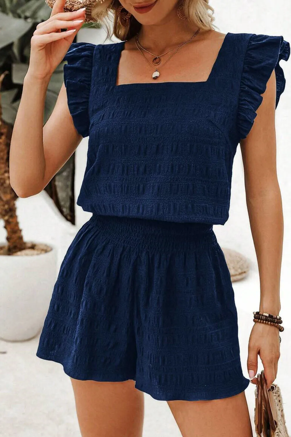Textured Square Neck Top and Shirred High Waist Shorts Co-ord Set sold by Beagle Boutique