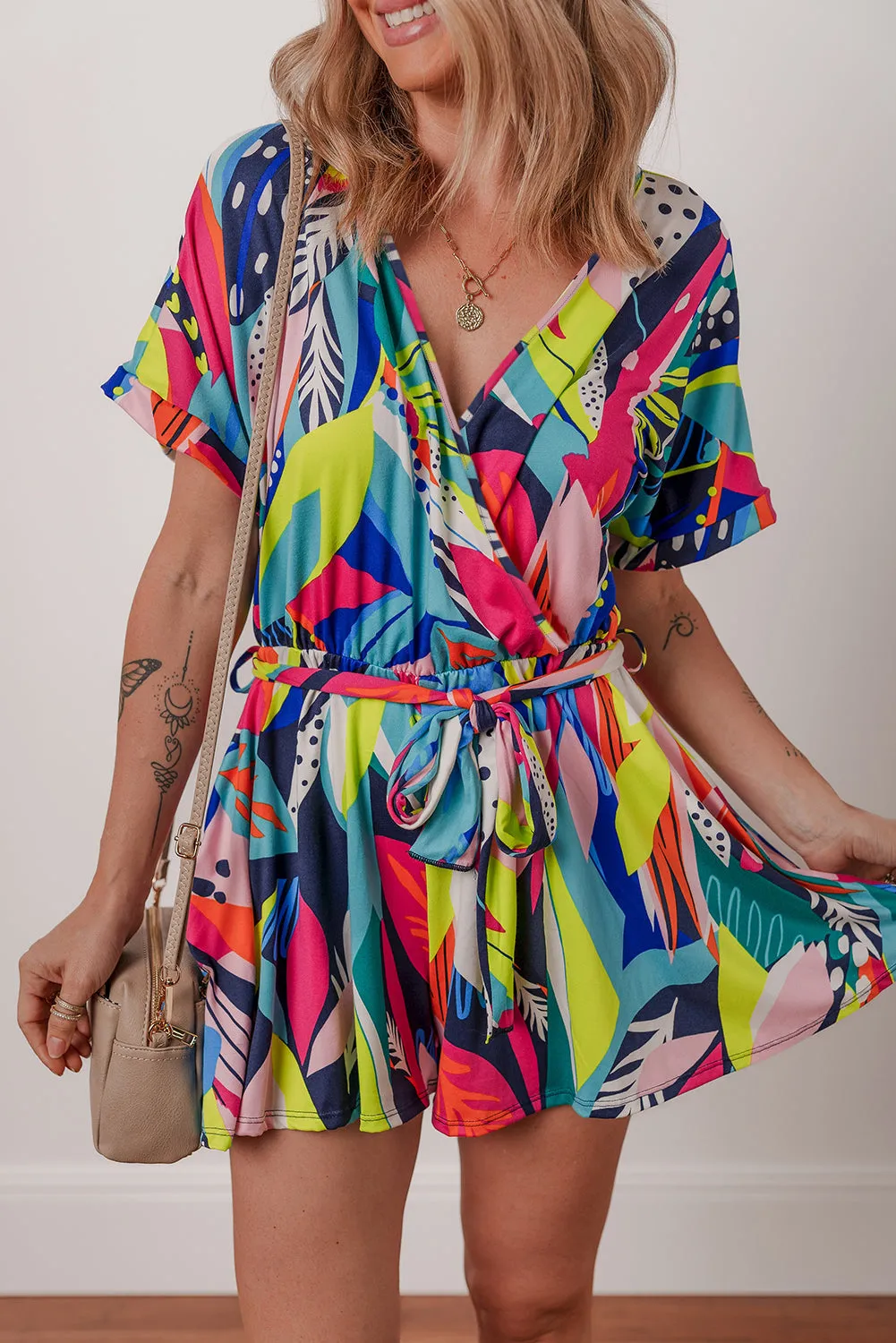 Multicolour Tropical Printed Tie Waist Romper sold by Beagle Boutique