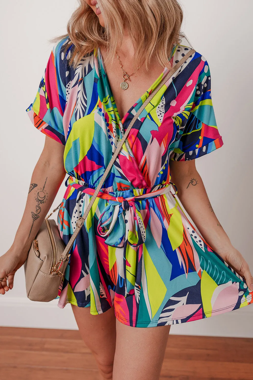 Multicolour Tropical Printed Tie Waist Romper sold by Beagle Boutique product image thumbnail 4