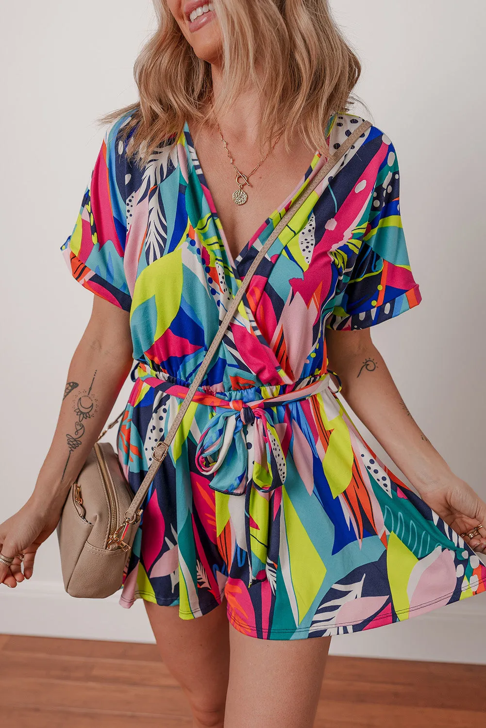 Multicolour Tropical Printed Tie Waist Romper sold by Beagle Boutique product image thumbnail 5