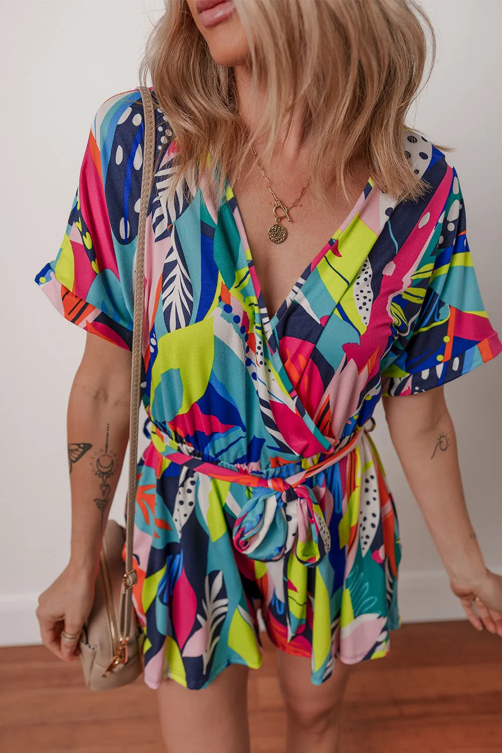 Multicolour Tropical Printed Tie Waist Romper sold by Beagle Boutique product image thumbnail 3