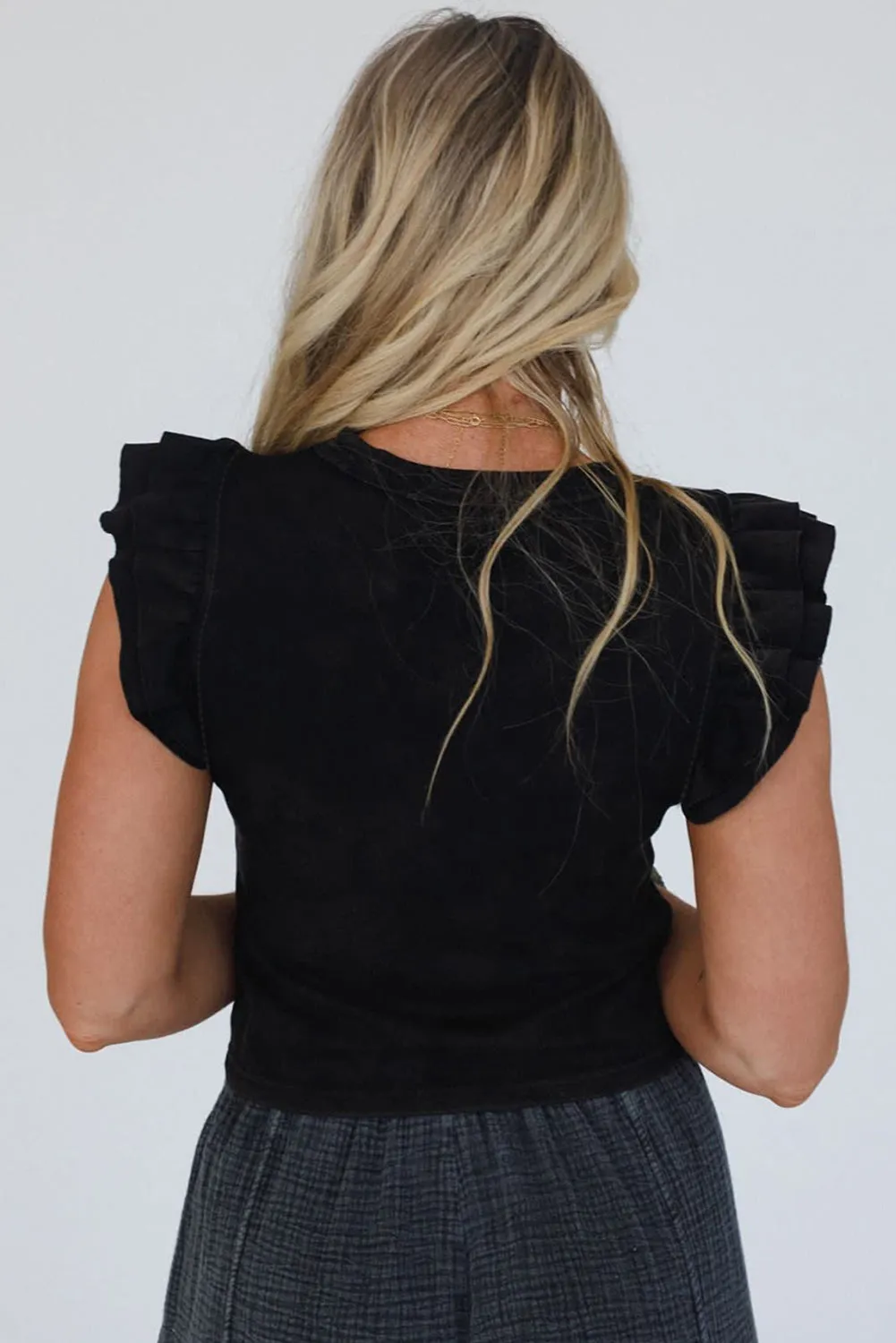 Black Ruffled Crew Neck Slim Fit Top sold by Beagle Boutique product image thumbnail 2
