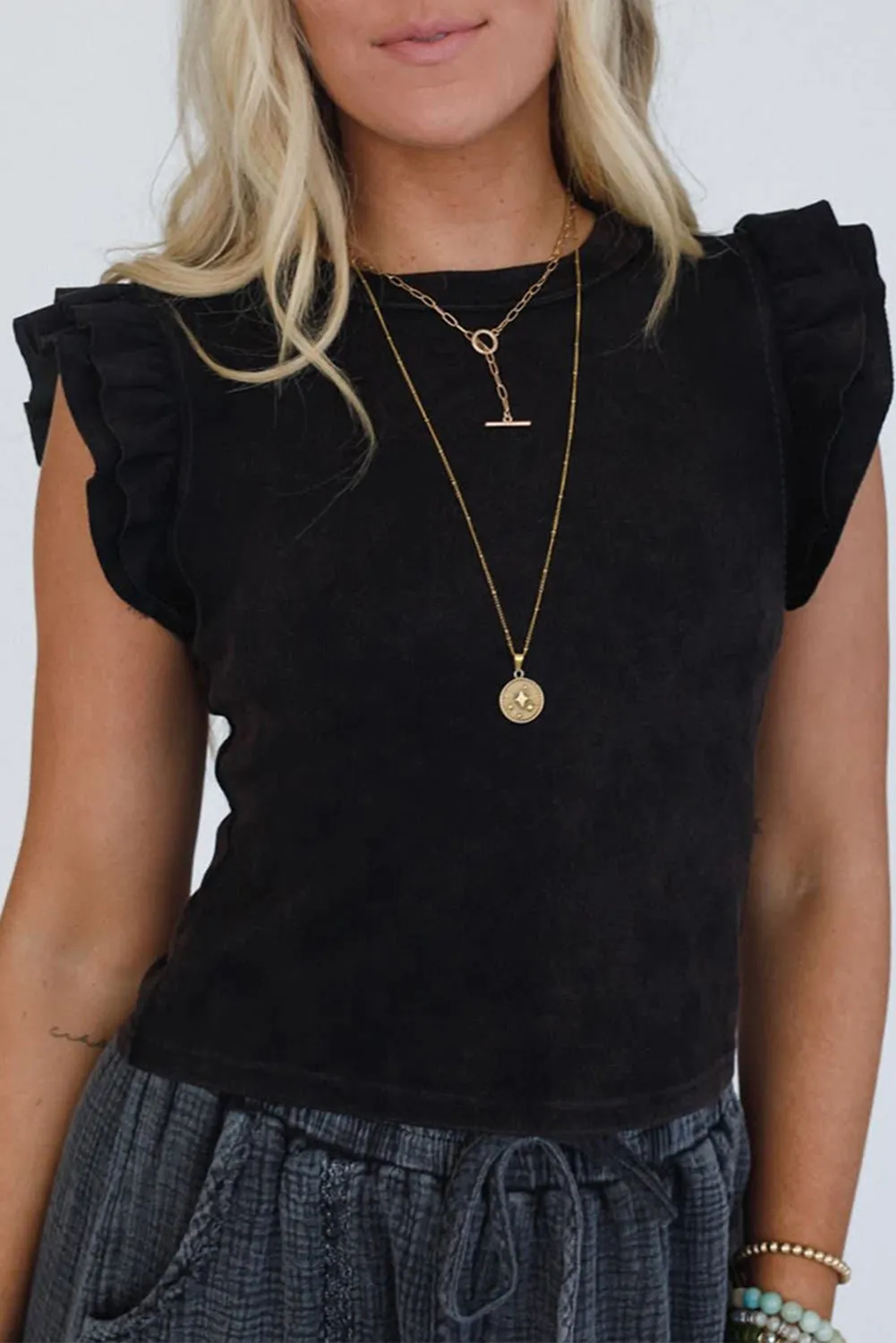 Black Ruffled Crew Neck Slim Fit Top sold by Beagle Boutique