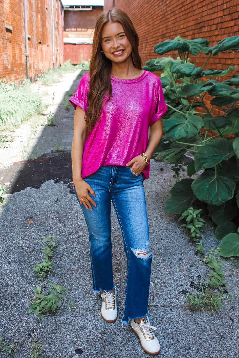 Festival Fuchsia Shine Shimmer Cuffed Short Sleeve Casual Top sold by Beagle Boutique product image thumbnail 2