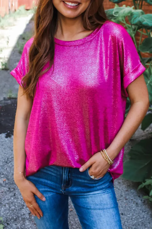 Festival Fuchsia Shine Shimmer Cuffed Short Sleeve Casual Top sold by Beagle Boutique
