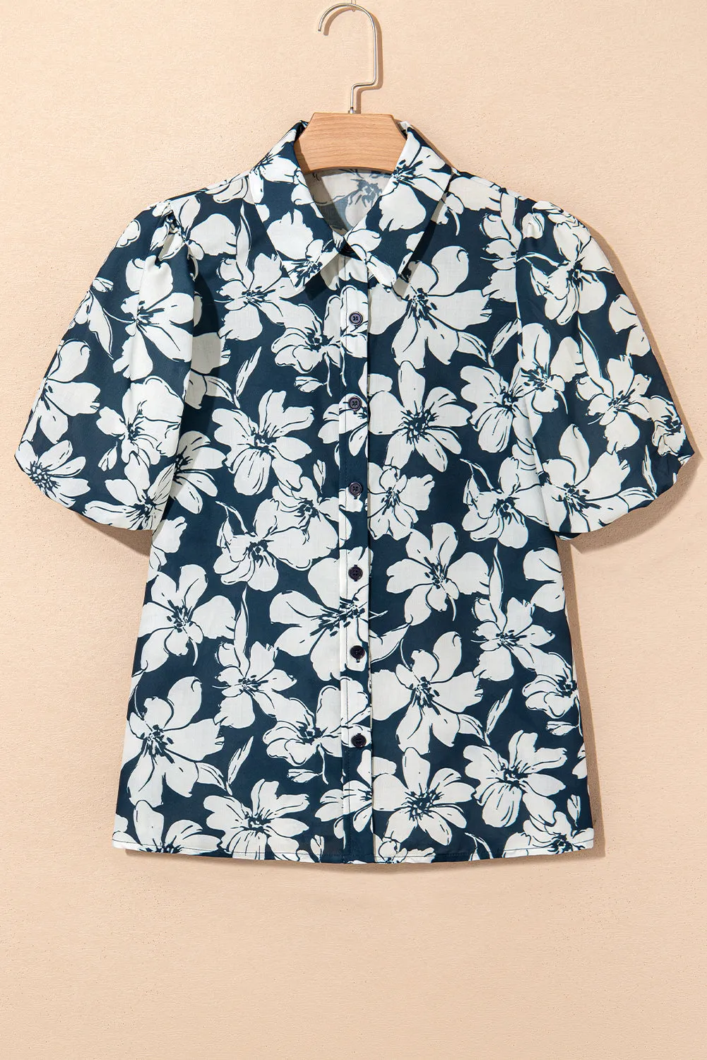 Blue Floral Short Puff Sleeve Summer Shirt sold by Beagle Boutique product image thumbnail 4