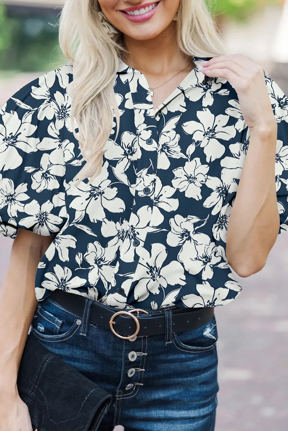 Blue Floral Short Puff Sleeve Summer Shirt sold by Beagle Boutique