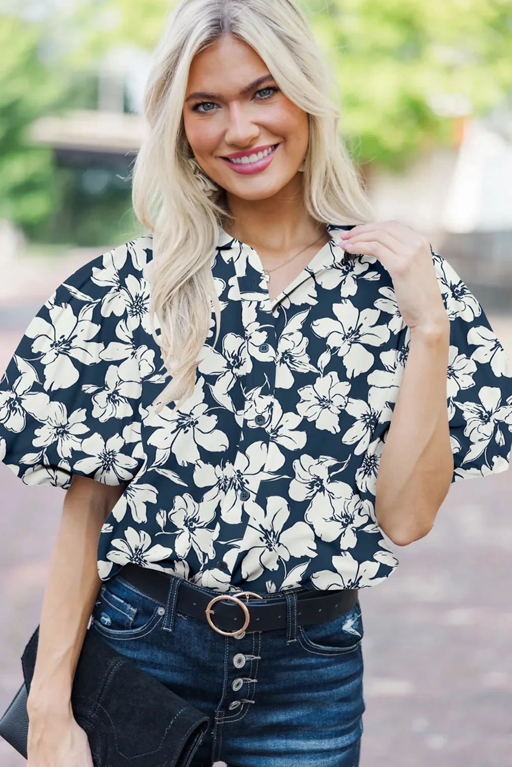 Blue Floral Short Puff Sleeve Summer Shirt sold by Beagle Boutique product image thumbnail 3