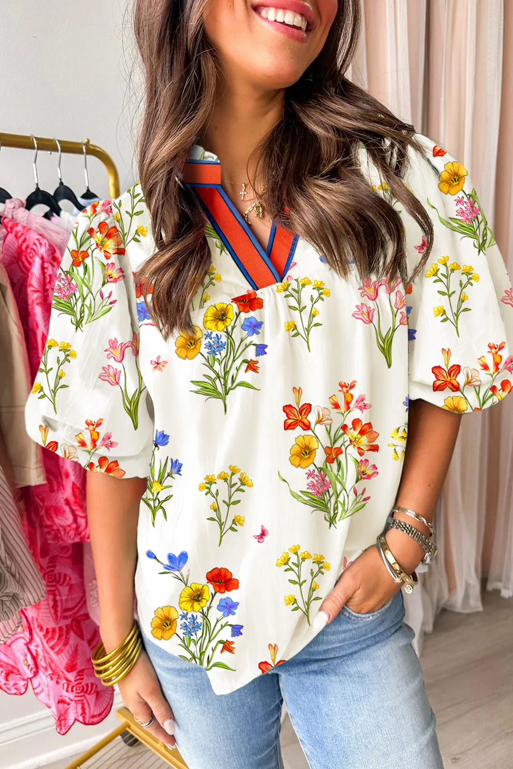 White Floral Short Puff Sleeve Contrast V Neck Print Blouse sold by Beagle Boutique