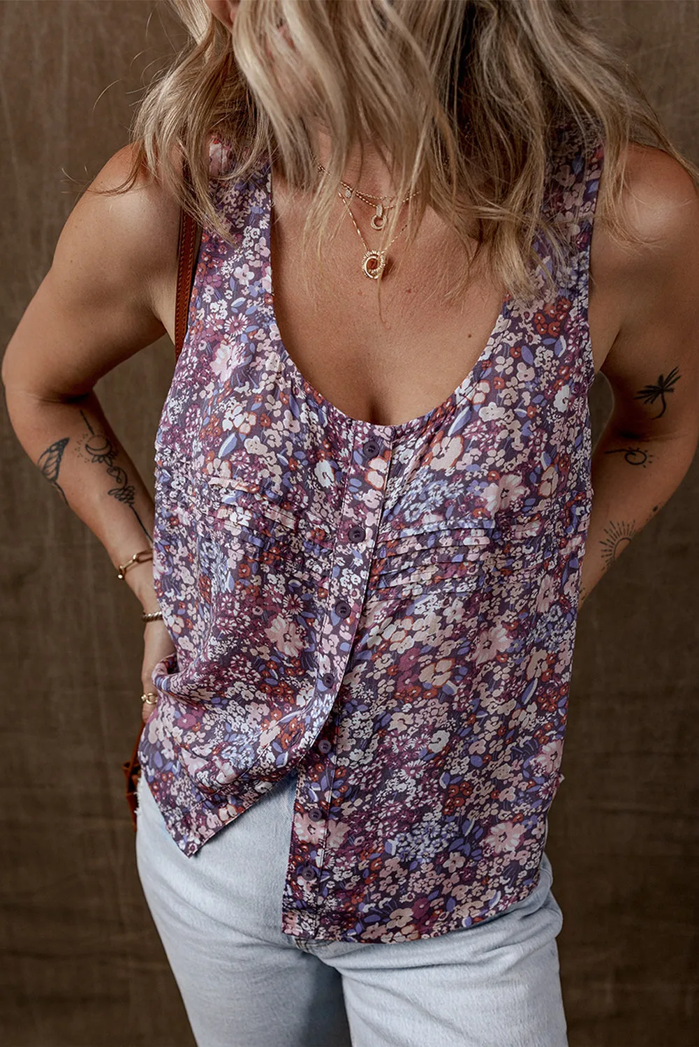 Boho Floral Pleated Buttoned Front Sleeveless Top sold by Beagle Boutique product image thumbnail 3