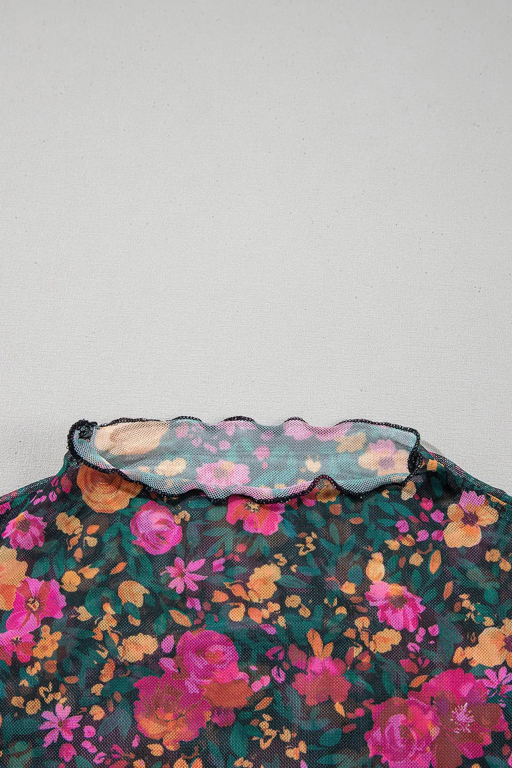 Rose Floral Print Mesh Stand Neck Short Sleeve Top sold by Beagle Boutique product image thumbnail 5