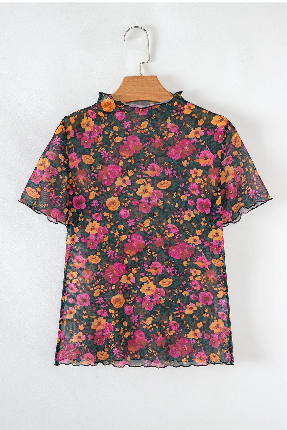 Rose Floral Print Mesh Stand Neck Short Sleeve Top sold by Beagle Boutique product image thumbnail 2