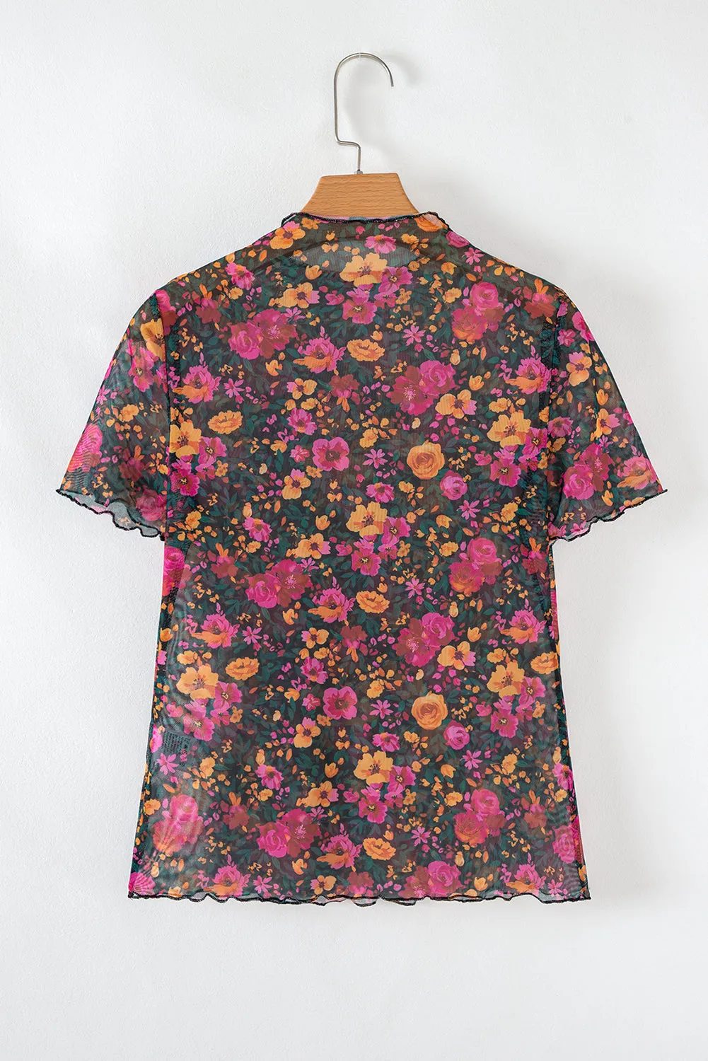Rose Floral Print Mesh Stand Neck Short Sleeve Top sold by Beagle Boutique product image thumbnail 3