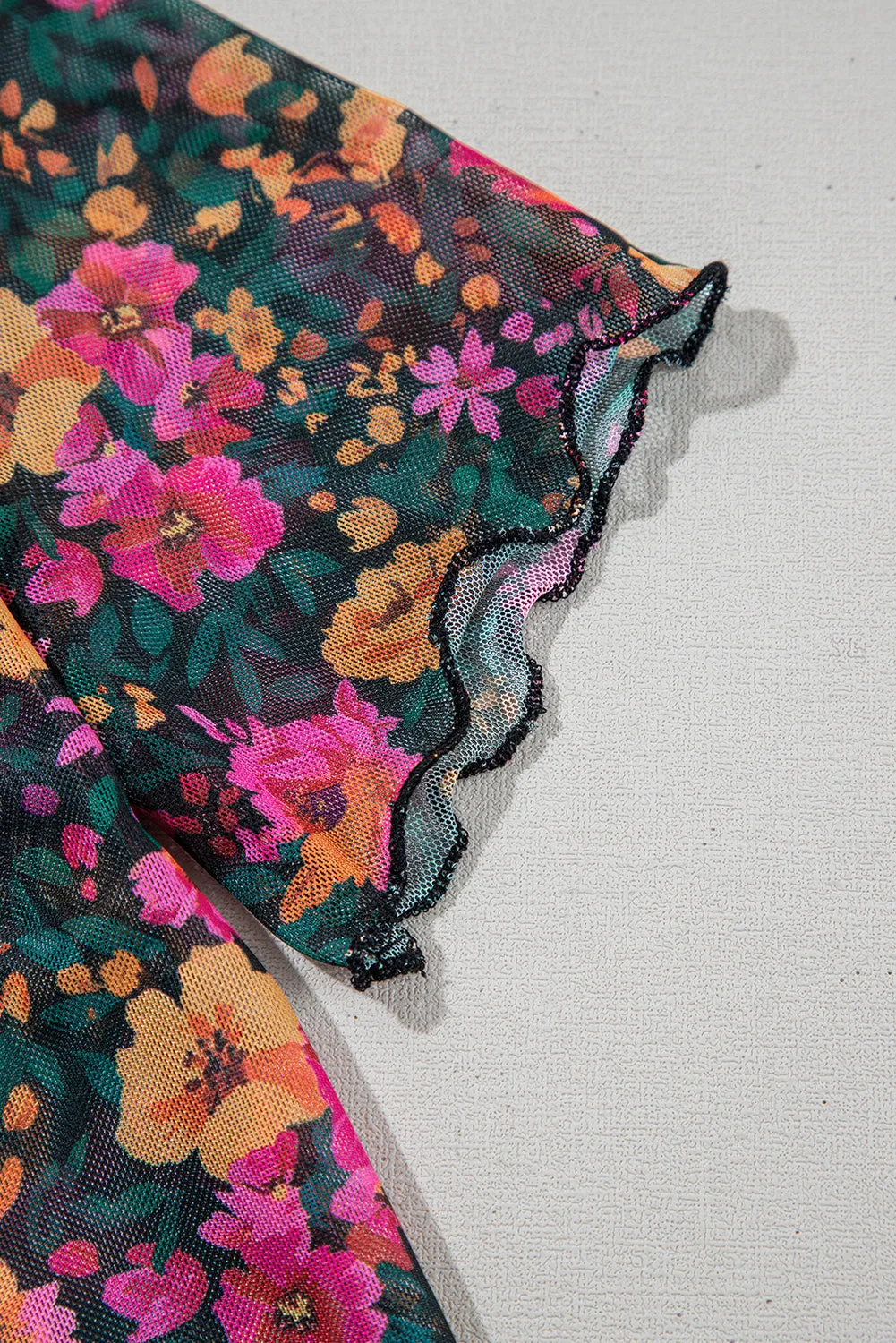 Rose Floral Print Mesh Stand Neck Short Sleeve Top sold by Beagle Boutique product image thumbnail 4