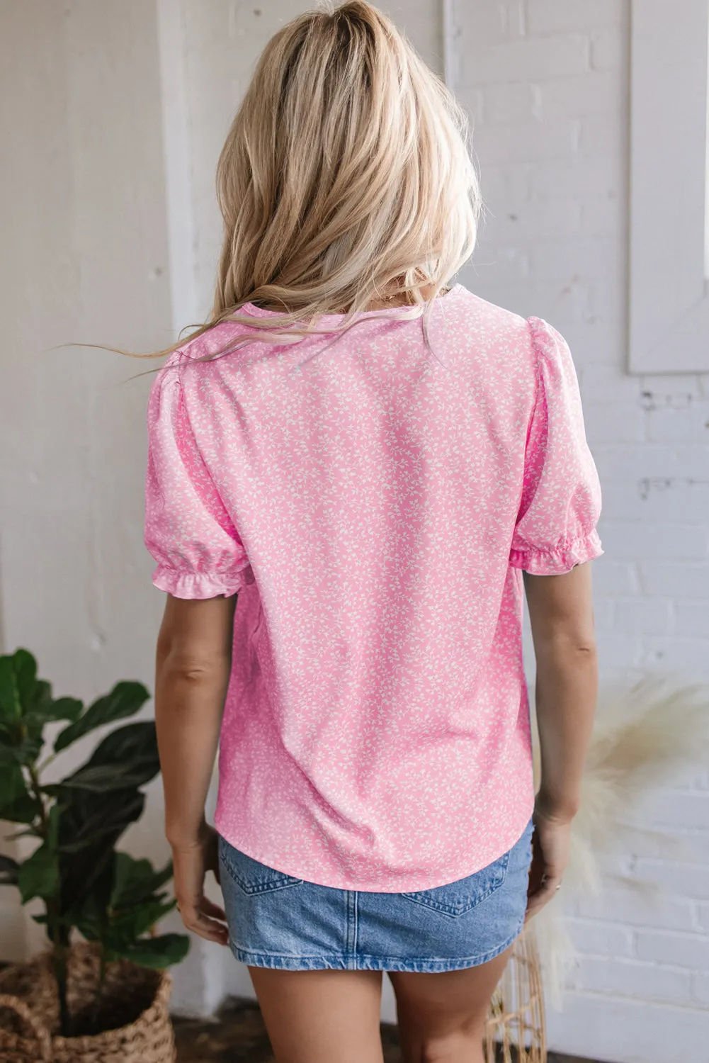 Pink Floral Embroidered Puff Sleeve Notched V-Neck Blouse sold by Beagle Boutique product image thumbnail 2