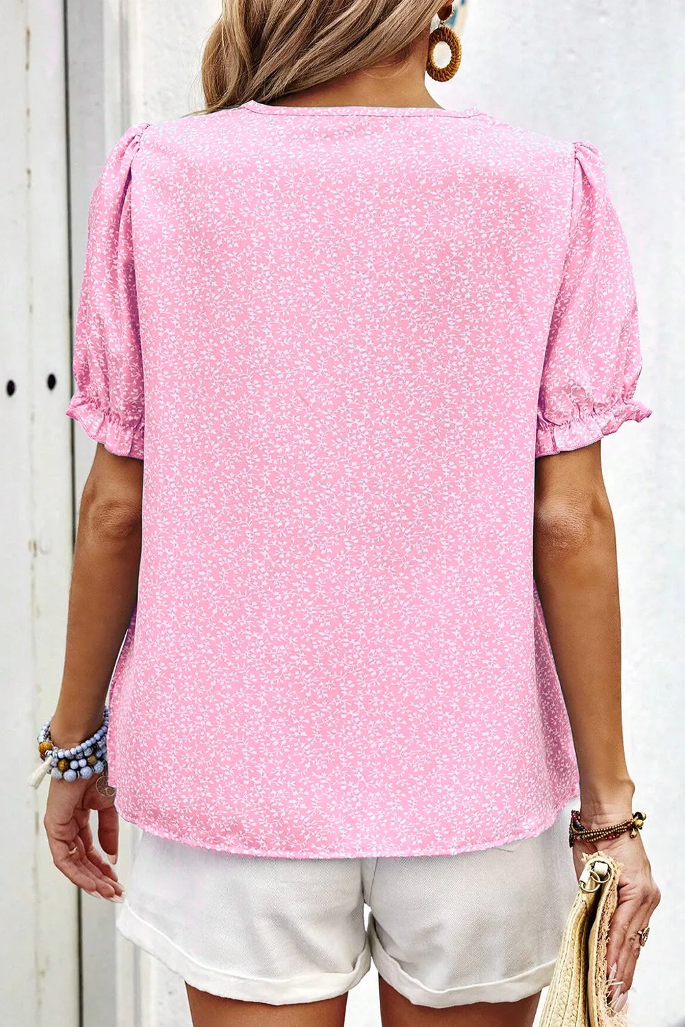 Pink Floral Embroidered Puff Sleeve Notched V-Neck Blouse sold by Beagle Boutique product image thumbnail 4