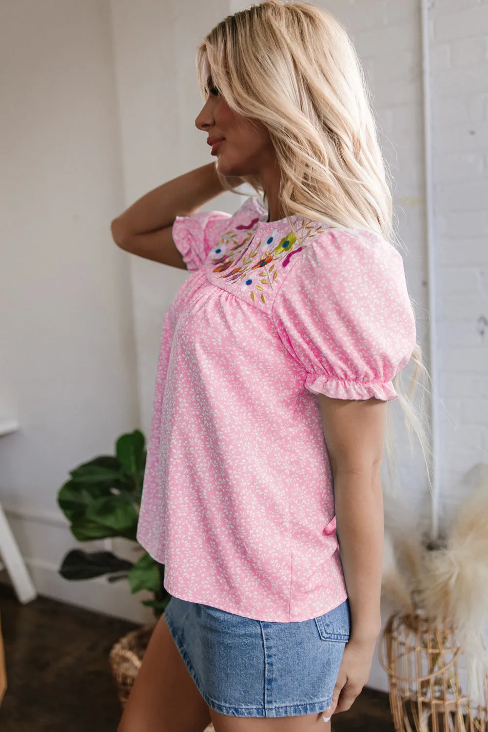 Pink Floral Embroidered Puff Sleeve Notched V-Neck Blouse sold by Beagle Boutique product image thumbnail 3