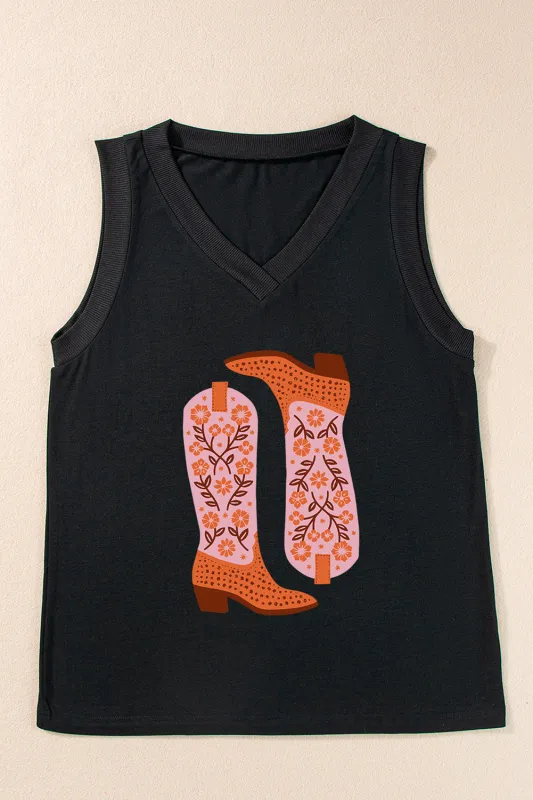 Black Cowgirl Floral Boots Printed Tank Top sold by Beagle Boutique