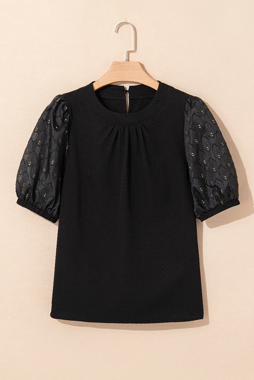 Black Feather Bubble Sleeve Patchwork Textured Blouse sold by Beagle Boutique product image thumbnail 4