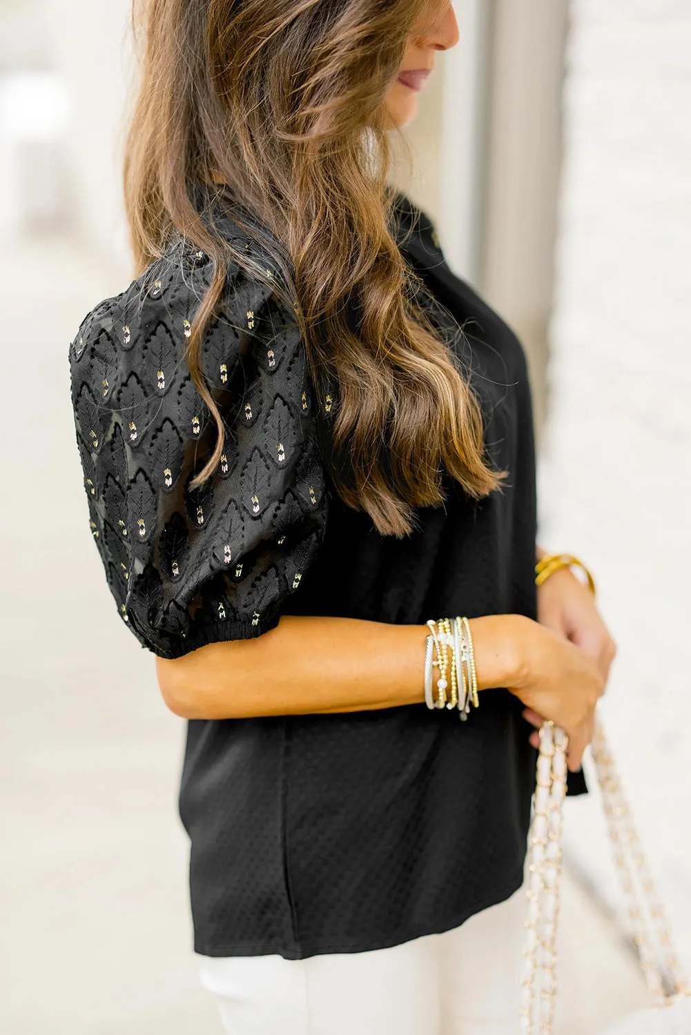 Black Feather Bubble Sleeve Patchwork Textured Blouse sold by Beagle Boutique product image thumbnail 2