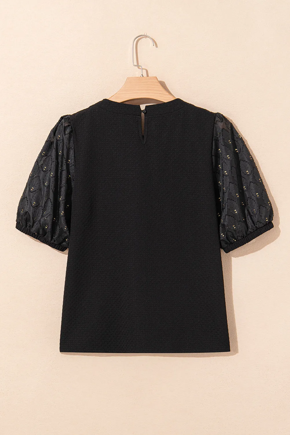 Black Feather Bubble Sleeve Patchwork Textured Blouse sold by Beagle Boutique product image thumbnail 5