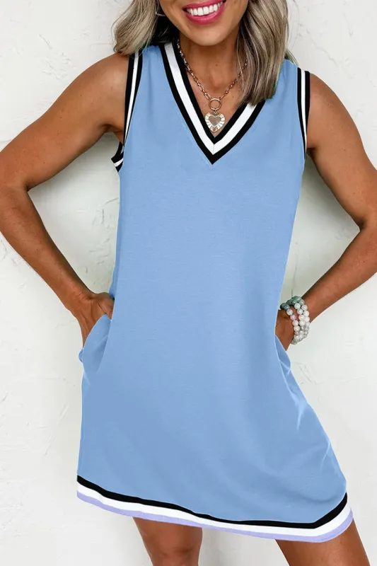 Contrast Trim V-Neck Shift Sleeveless Mini Dress sold by Beagle Boutique