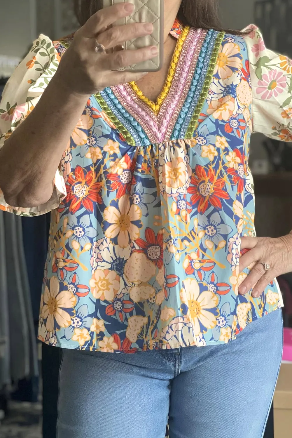 Multicolour Plus Size Floral Print Woven V Neck Half Sleeve Blouse sold by Beagle Boutique