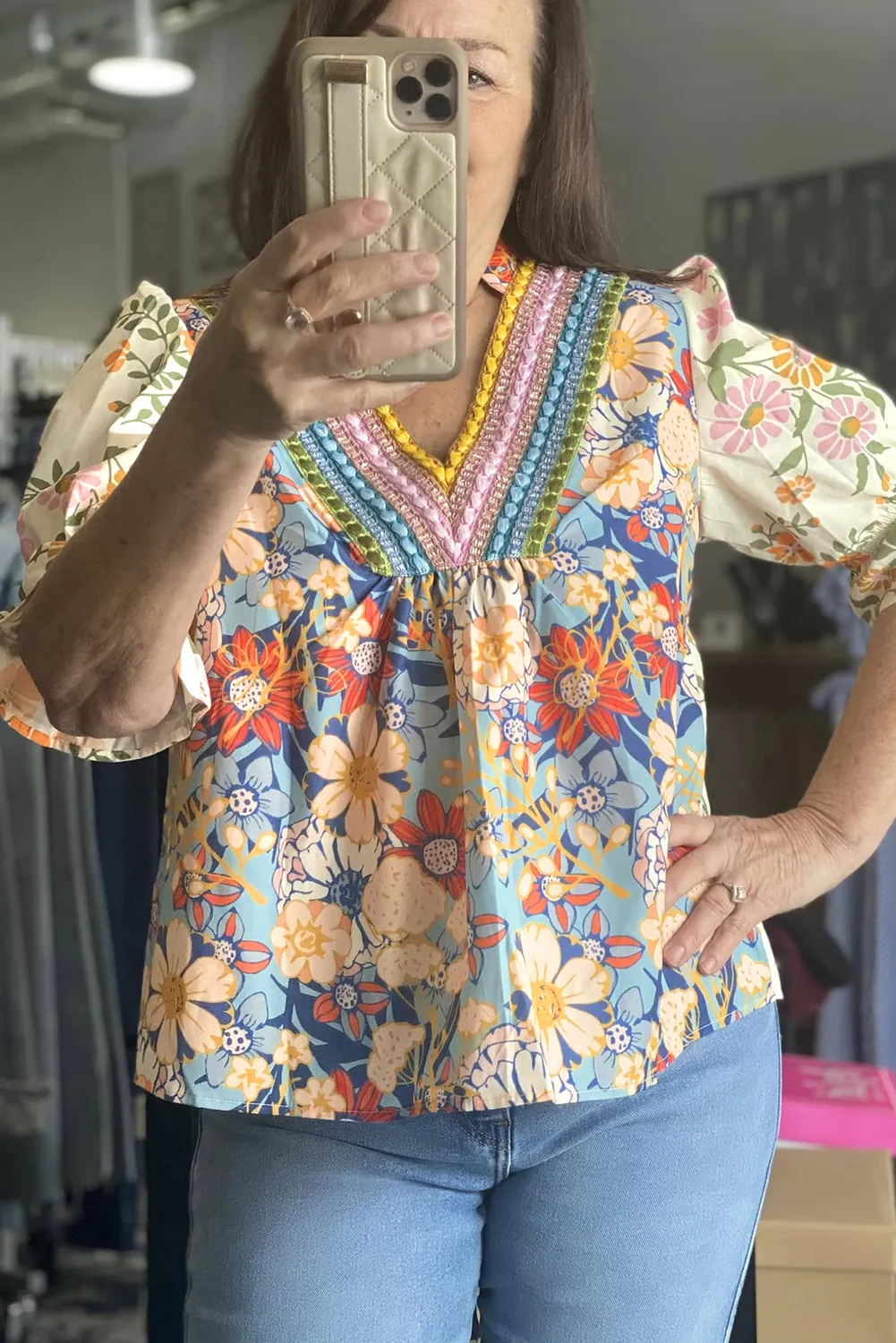 Multicolour Plus Size Floral Print Woven V Neck Half Sleeve Blouse sold by Beagle Boutique product image thumbnail 2