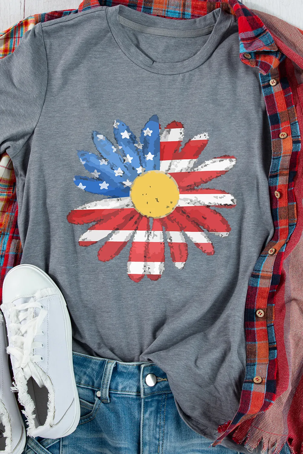 Grey Flag Pattern Sunflower Graphic Crew Neck Tee sold by Beagle Boutique product image thumbnail 2