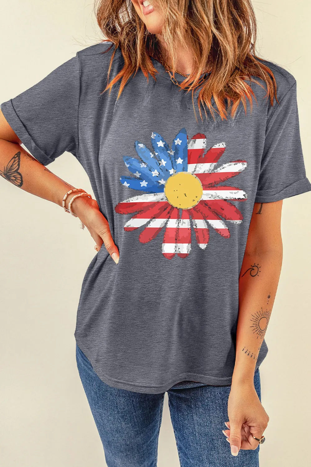 Grey Flag Pattern Sunflower Graphic Crew Neck Tee sold by Beagle Boutique product image thumbnail 4