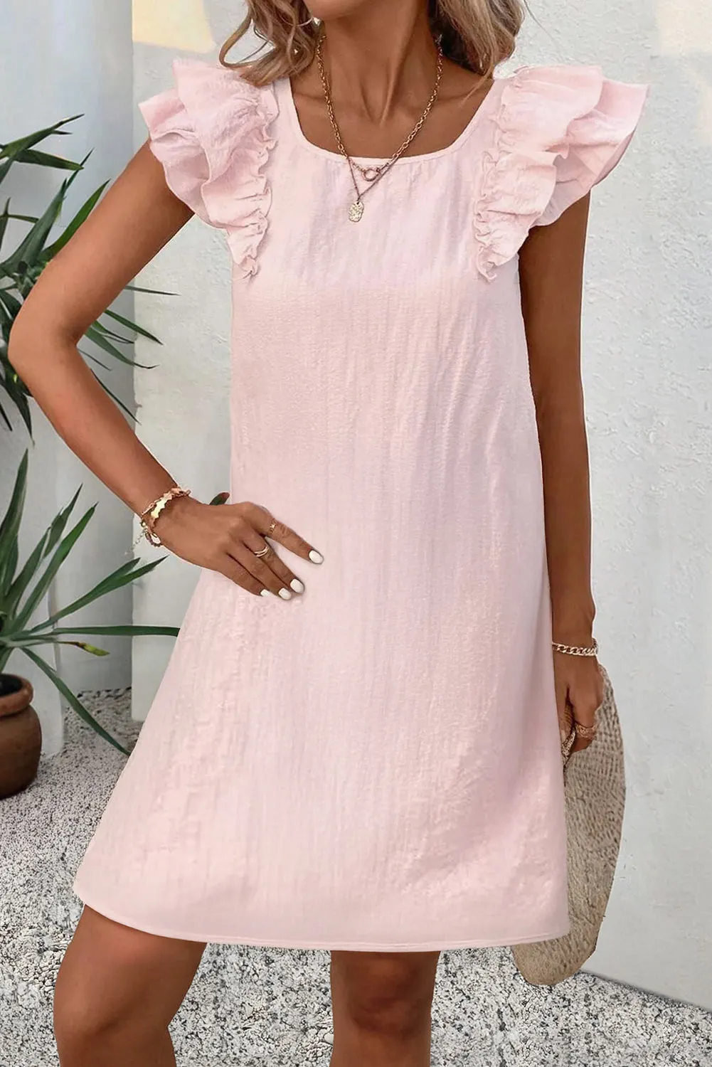 Light Pink Textured Flutter Sleeve Square Neck Bow Back Mini Dress sold by Beagle Boutique product image thumbnail 2