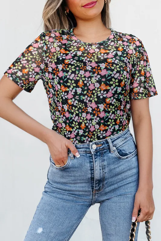 Black Sheer Floral Mesh Round Neck T-Shirt sold by Beagle Boutique