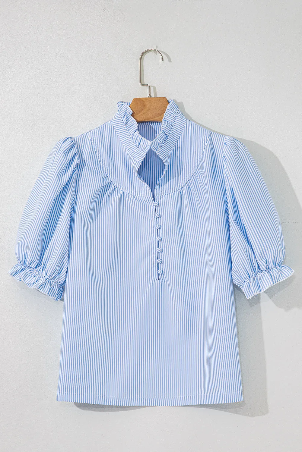 Blue Stripe Ruffled Collar Puff Sleeve Half Buttons Blouse sold by Beagle Boutique product image thumbnail 5