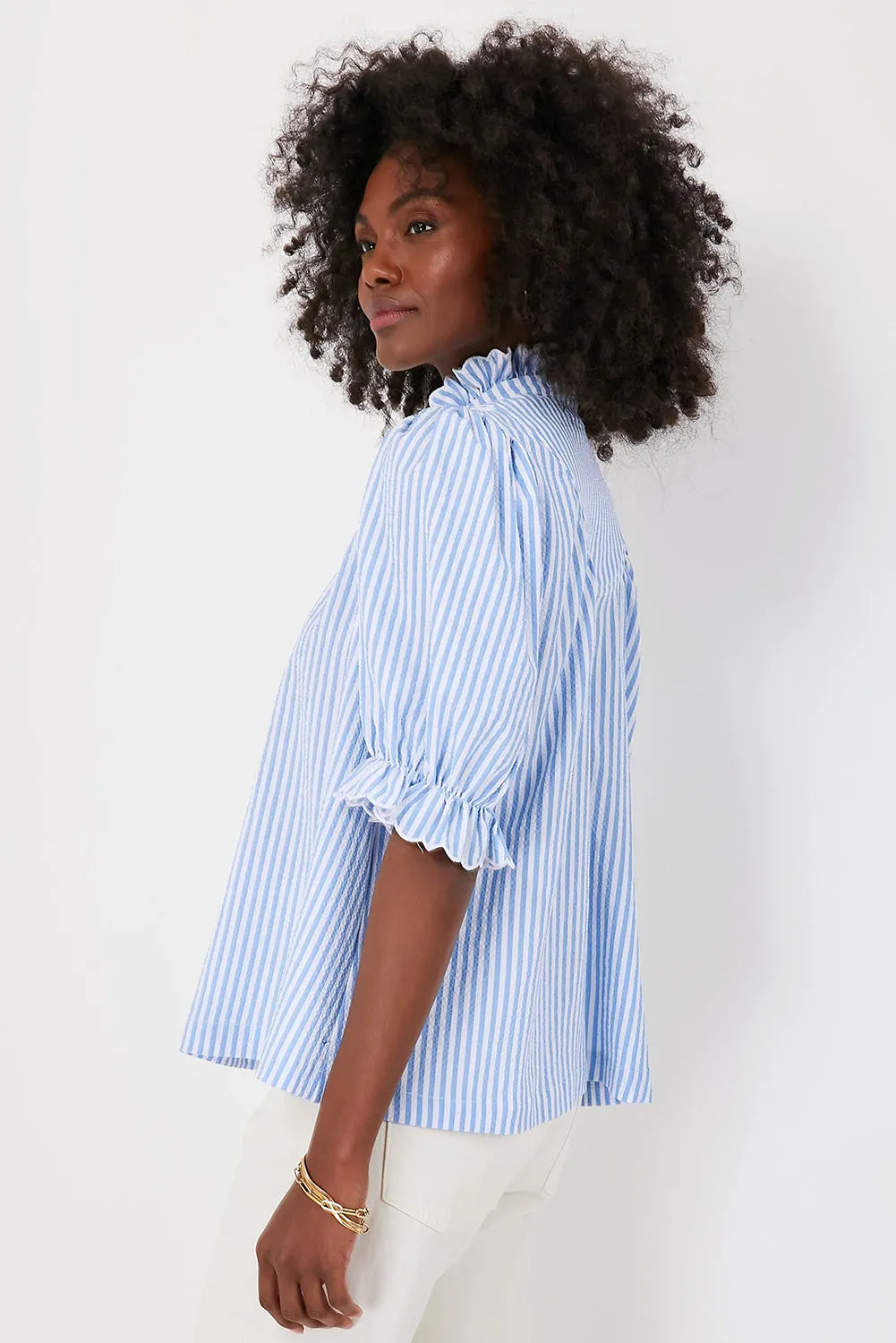 Blue Stripe Ruffled Collar Puff Sleeve Half Buttons Blouse sold by Beagle Boutique product image thumbnail 4