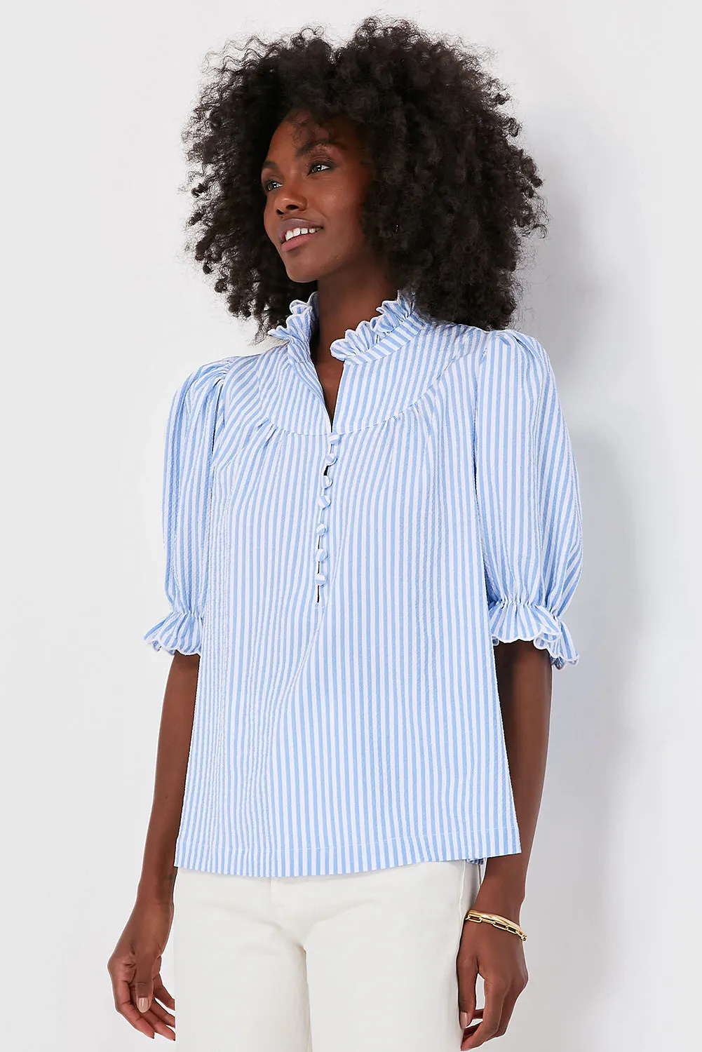 Blue Stripe Ruffled Collar Puff Sleeve Half Buttons Blouse sold by Beagle Boutique product image thumbnail 2