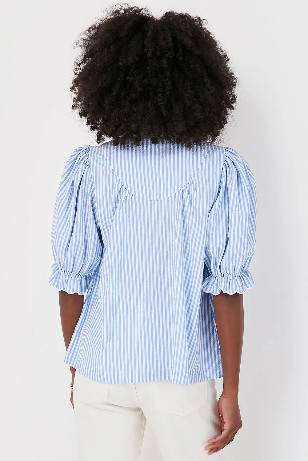 Blue Stripe Ruffled Collar Puff Sleeve Half Buttons Blouse sold by Beagle Boutique product image thumbnail 3