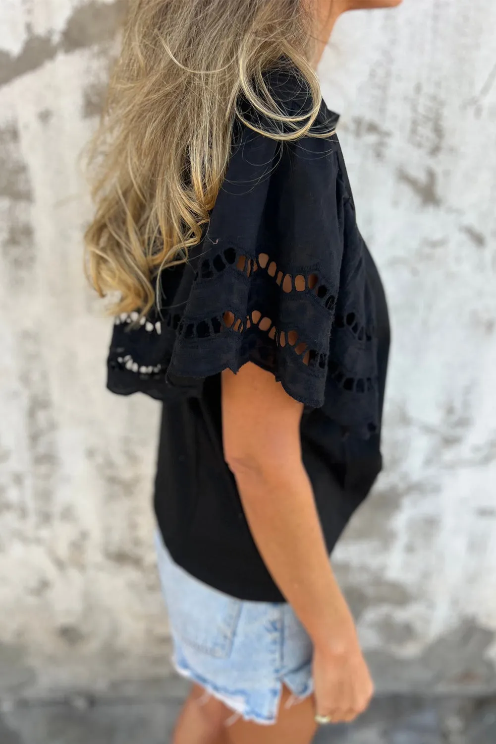 Black Hollow Out Embroidered Short Sleeve Top sold by Beagle Boutique product image thumbnail 3