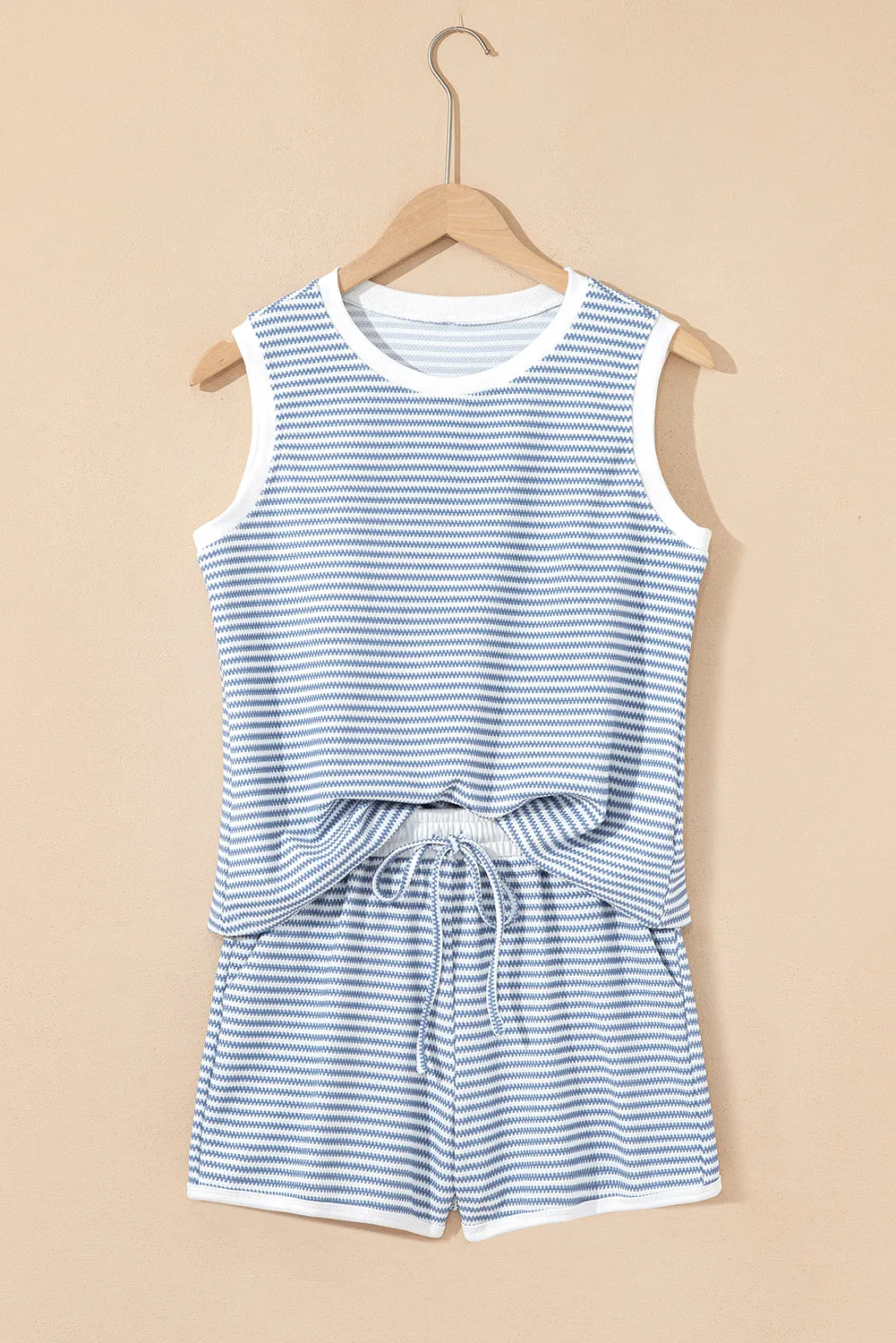 Myosotis Contrast Trim Striped Vest Drawstring Shorts Co-ord Set sold by Beagle Boutique product image thumbnail 3