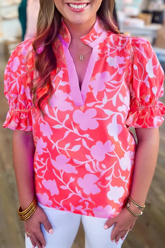 Red Floral Split V-Neck Ruffled Short Sleeve Blouse Top sold by Beagle Boutique
