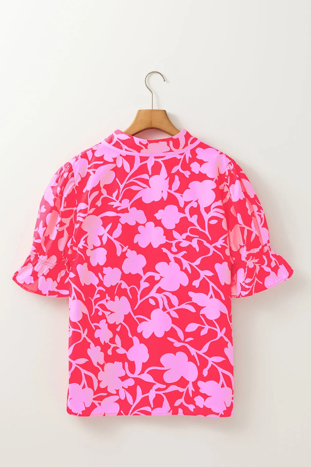 Red Floral Split V-Neck Ruffled Short Sleeve Blouse Top sold by Beagle Boutique product image thumbnail 5