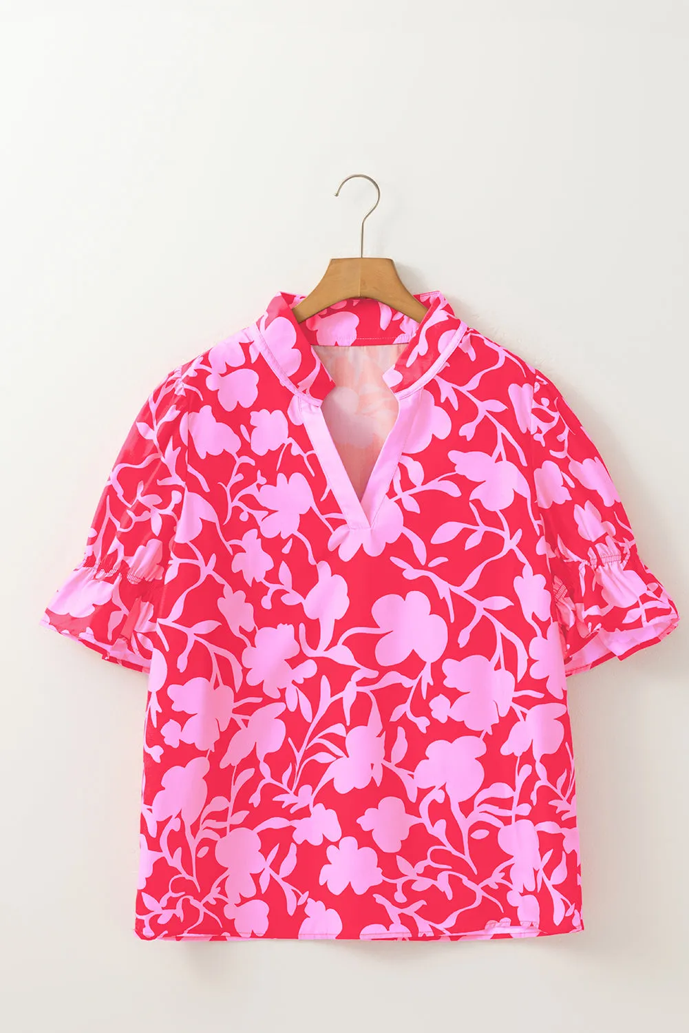 Red Floral Split V-Neck Ruffled Short Sleeve Blouse Top sold by Beagle Boutique product image thumbnail 4