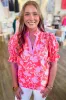 Red Floral Split V-Neck Ruffled Short Sleeve Blouse Top sold by Beagle Boutique
