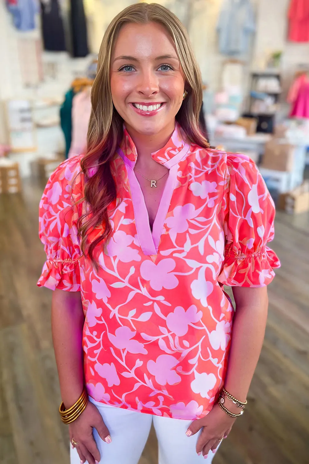 Red Floral Split V-Neck Ruffled Short Sleeve Blouse Top sold by Beagle Boutique product image thumbnail 3