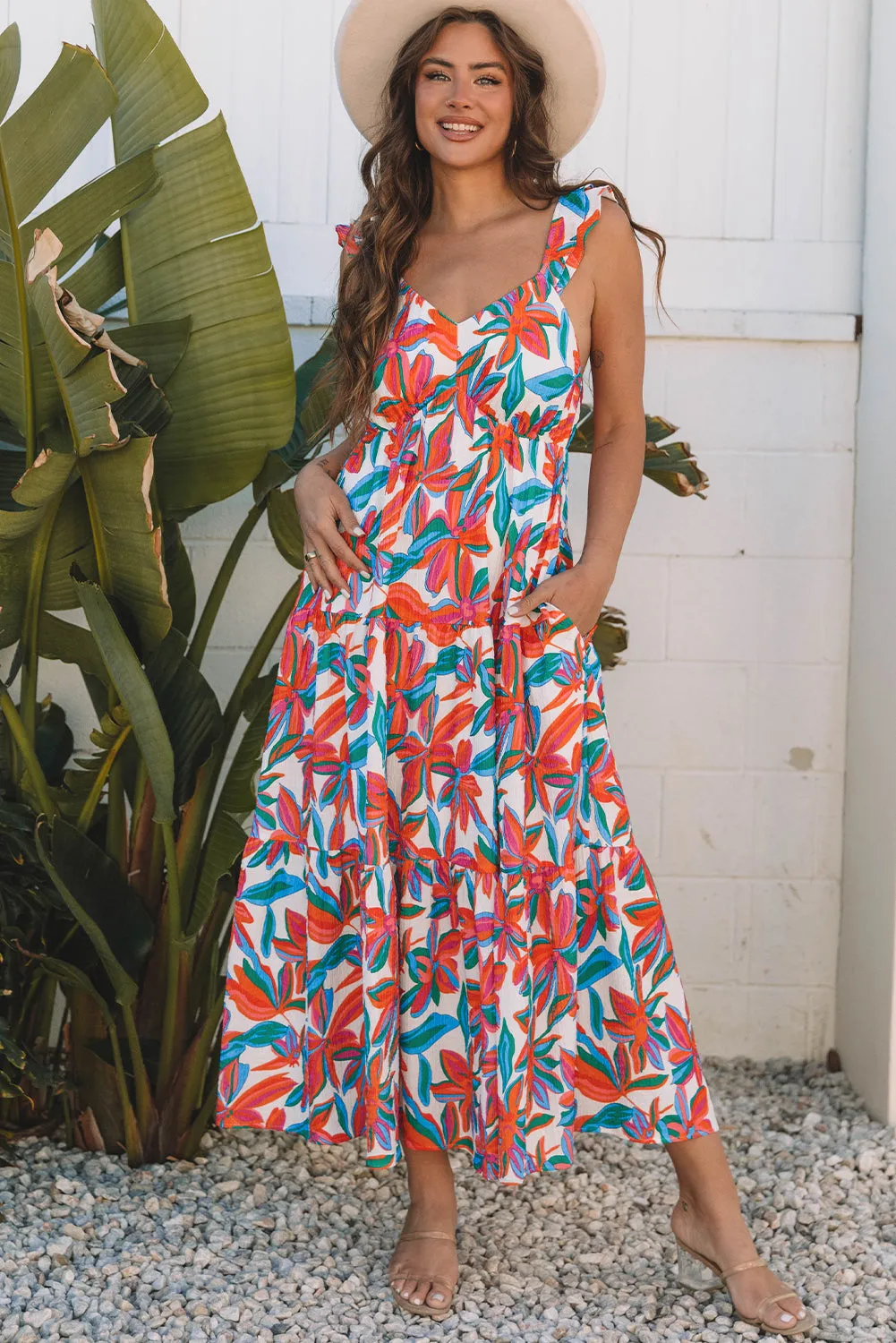 Red Boho Floral Ruffled Strap V Neck Maxi Dress sold by Beagle Boutique