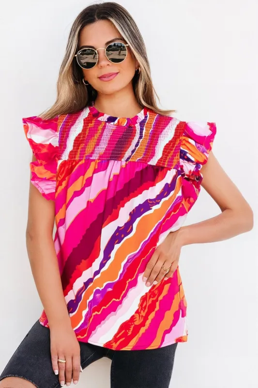 Rose Abstract Print Shirred Yoke Ruffled Blouse sold by Beagle Boutique
